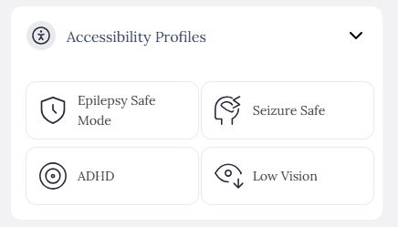 Screenshot of the Accessibility Profiles menu view of the AccessiYes 
Epilepsy Safe
Seizure Safe
ADHD