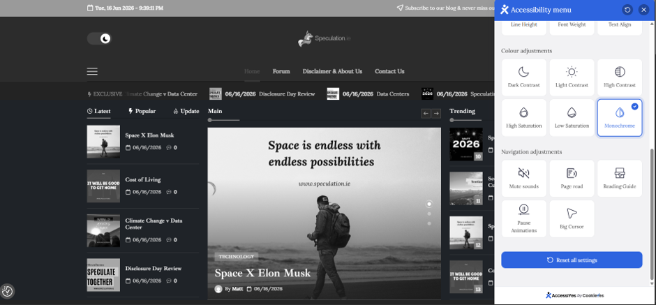 Monochrome Screenshot example when using AccessiYes