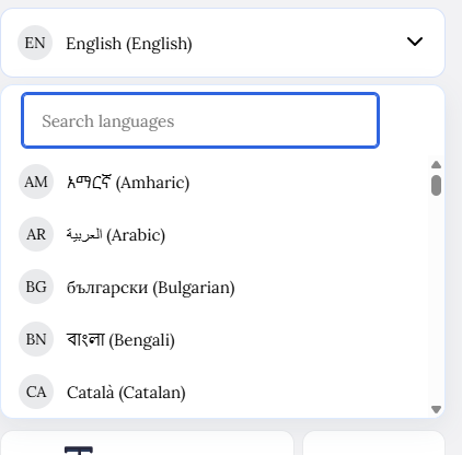 Screenshot of the Drop Down menu view of the AccessiYes Language Setup Menu